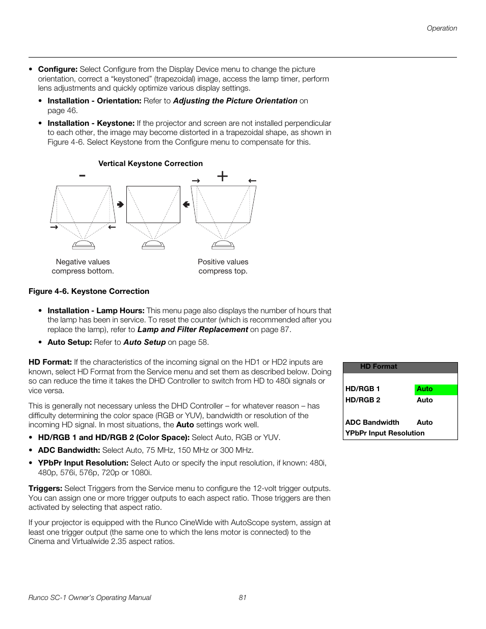 Figure 4-6 . keystone correction, Hd format, Triggers | Pre l iminar y | Runco SC-1 User Manual | Page 93 / 122