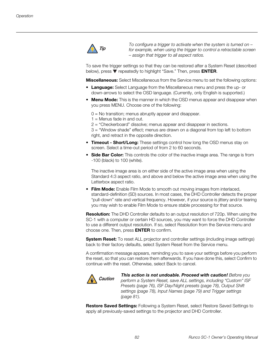Miscellaneous, Resolution, System reset | Restore saved settings, Restore saved settings in, D restore saved settings, Pre l iminar y | Runco SC-1 User Manual | Page 94 / 122