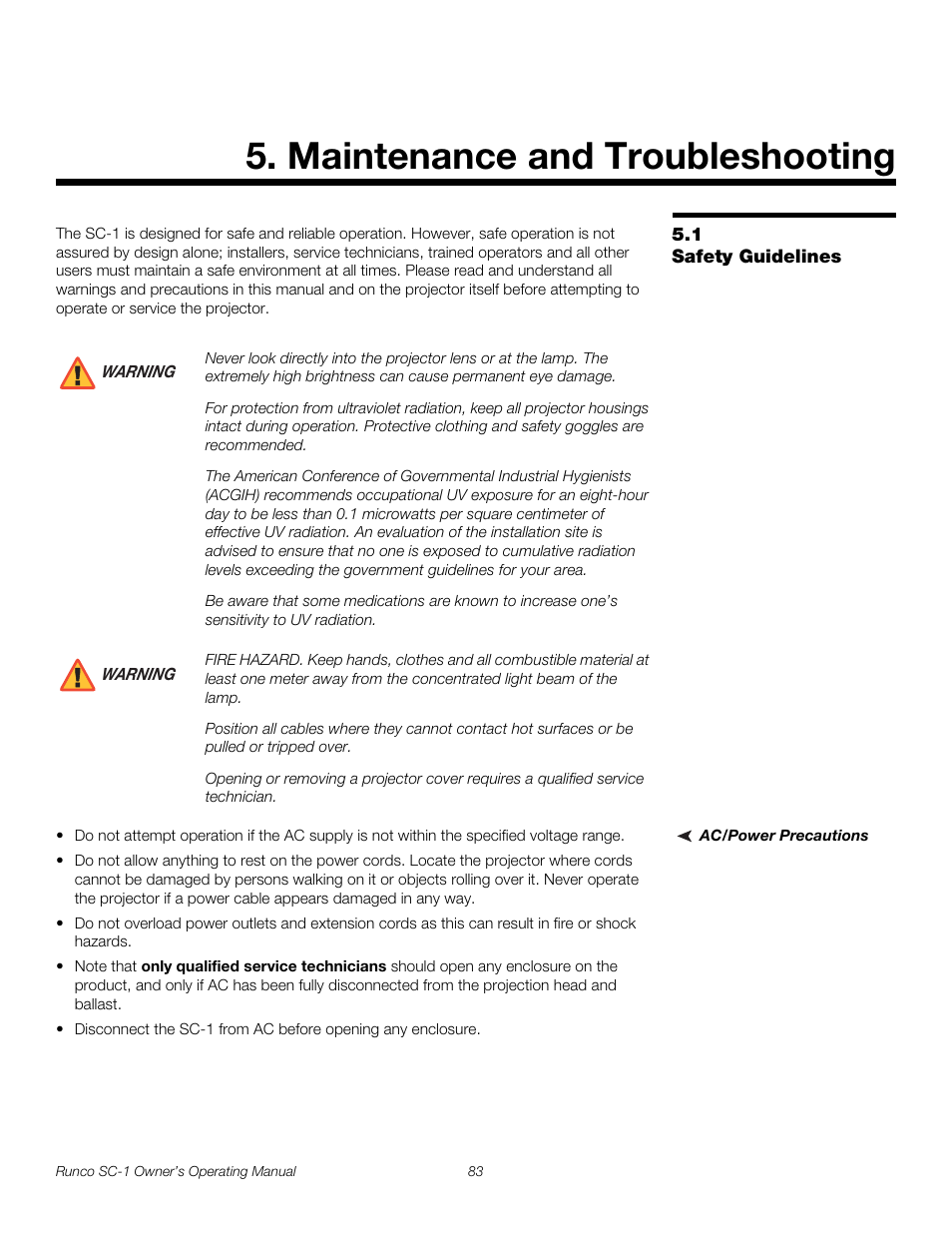 Maintenance and troubleshooting, 1 safety guidelines, Ac/power precautions | Iminar, Safety guidelines, Pre l iminar y | Runco SC-1 User Manual | Page 95 / 122