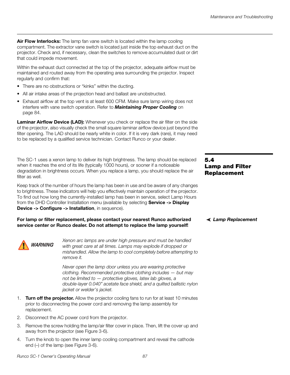 Air flow interlocks, Laminar airflow device (lad), 4 lamp and filter replacement | Lamp replacement, Lamp and filter replacement, Pre l iminar y | Runco SC-1 User Manual | Page 99 / 122
