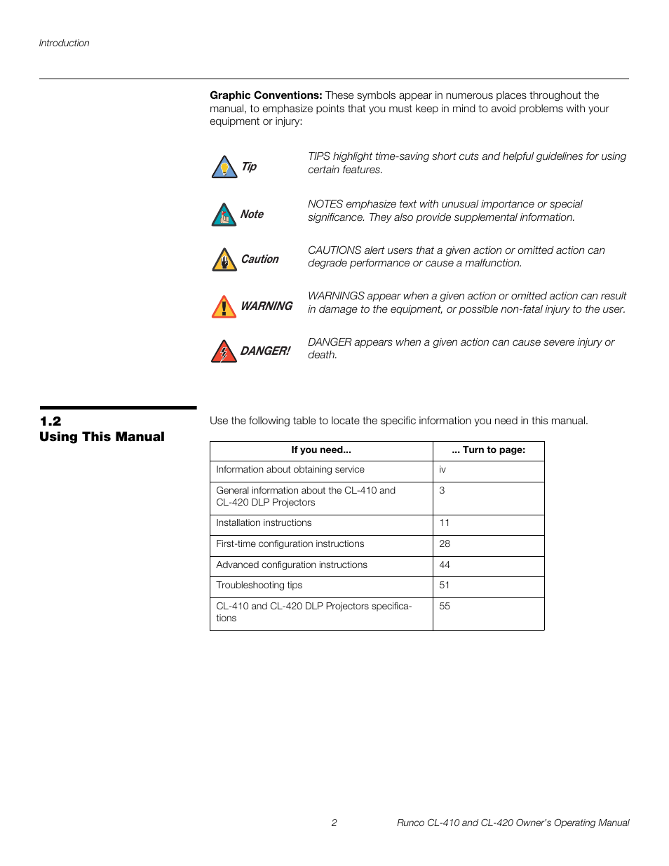 Graphic conventions, 2 using this manual, Using this manual | Runco Reflection User Manual | Page 12 / 72
