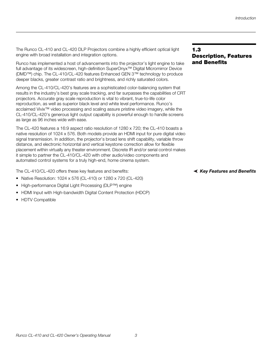 3 description, features and benefits, Key features and benefits, Description, features and benefits | Runco Reflection User Manual | Page 13 / 72
