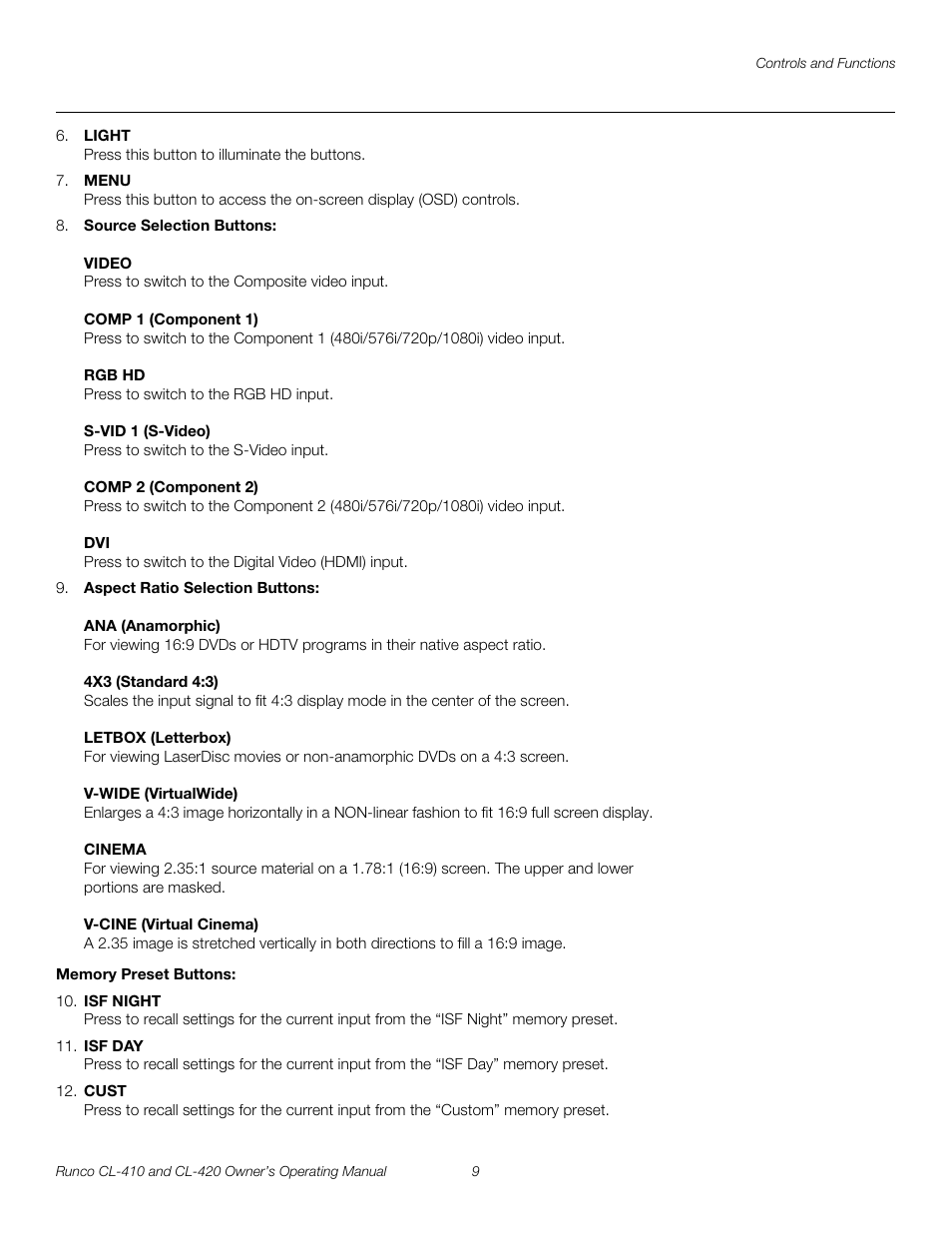 Memory preset buttons | Runco Reflection User Manual | Page 19 / 72