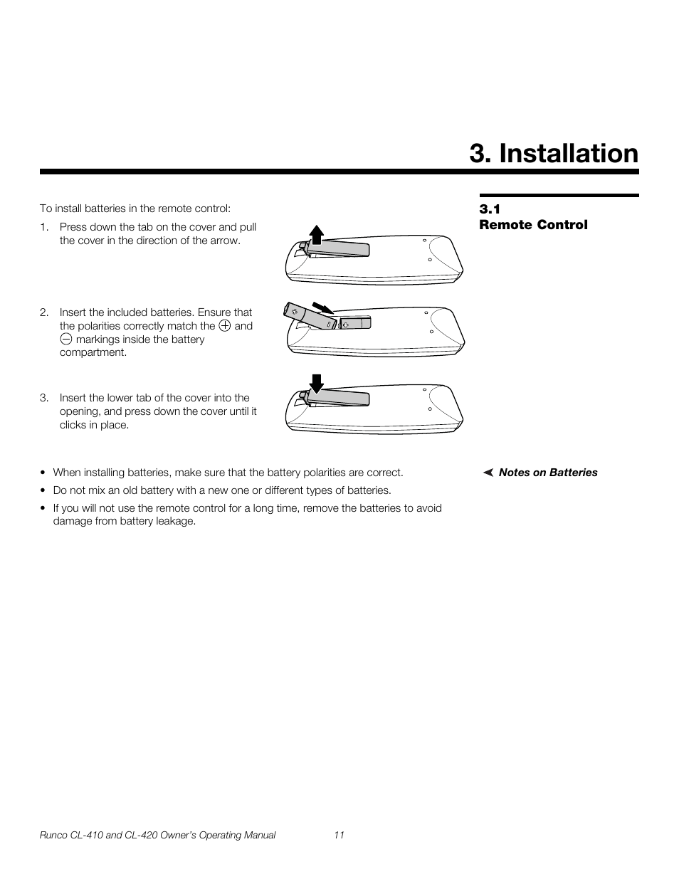 Installation, 1 remote control, Notes on batteries | Remote control | Runco Reflection User Manual | Page 21 / 72