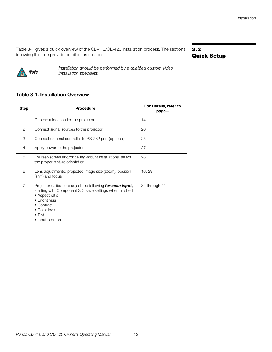 2 quick setup, Table 3-1 . installation overview, Quick setup | Runco Reflection User Manual | Page 23 / 72