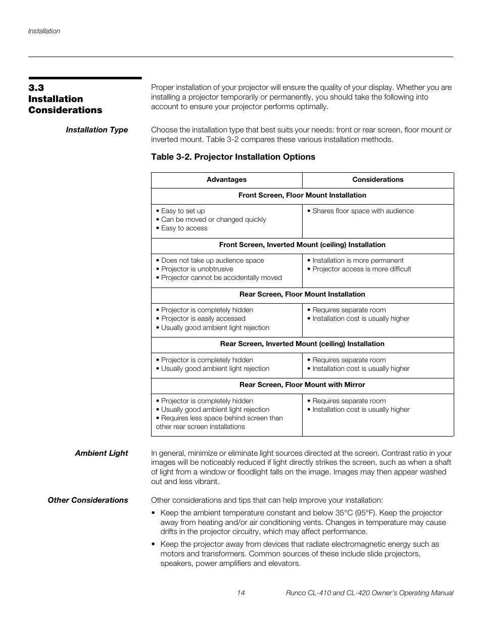 3 installation considerations, Installation type, Table 3-2 . projector installation options | Ambient light, Other considerations, Installation considerations | Runco Reflection User Manual | Page 24 / 72