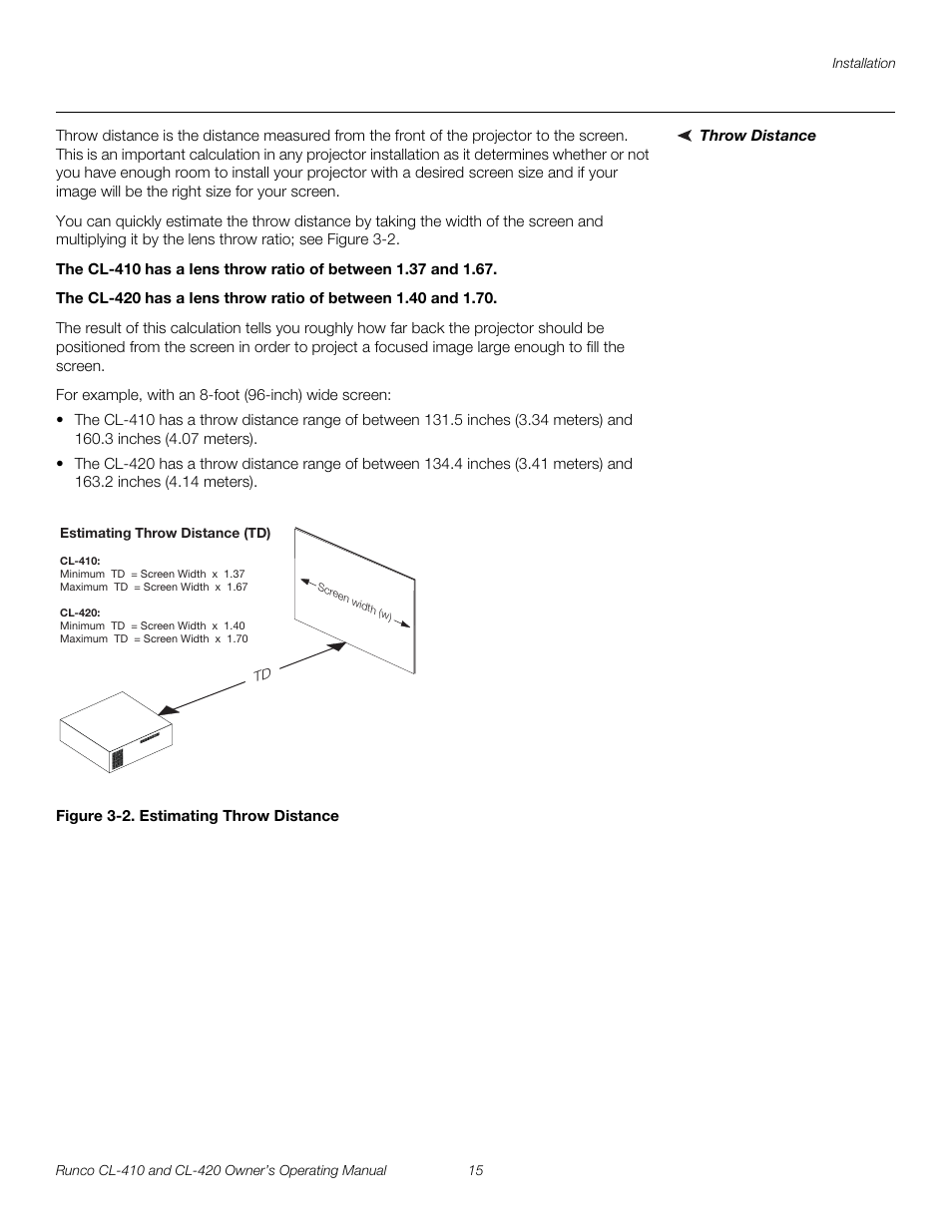 Throw distance, Figure 3-2 . estimating throw distance, 2. estimating throw distance | Runco Reflection User Manual | Page 25 / 72