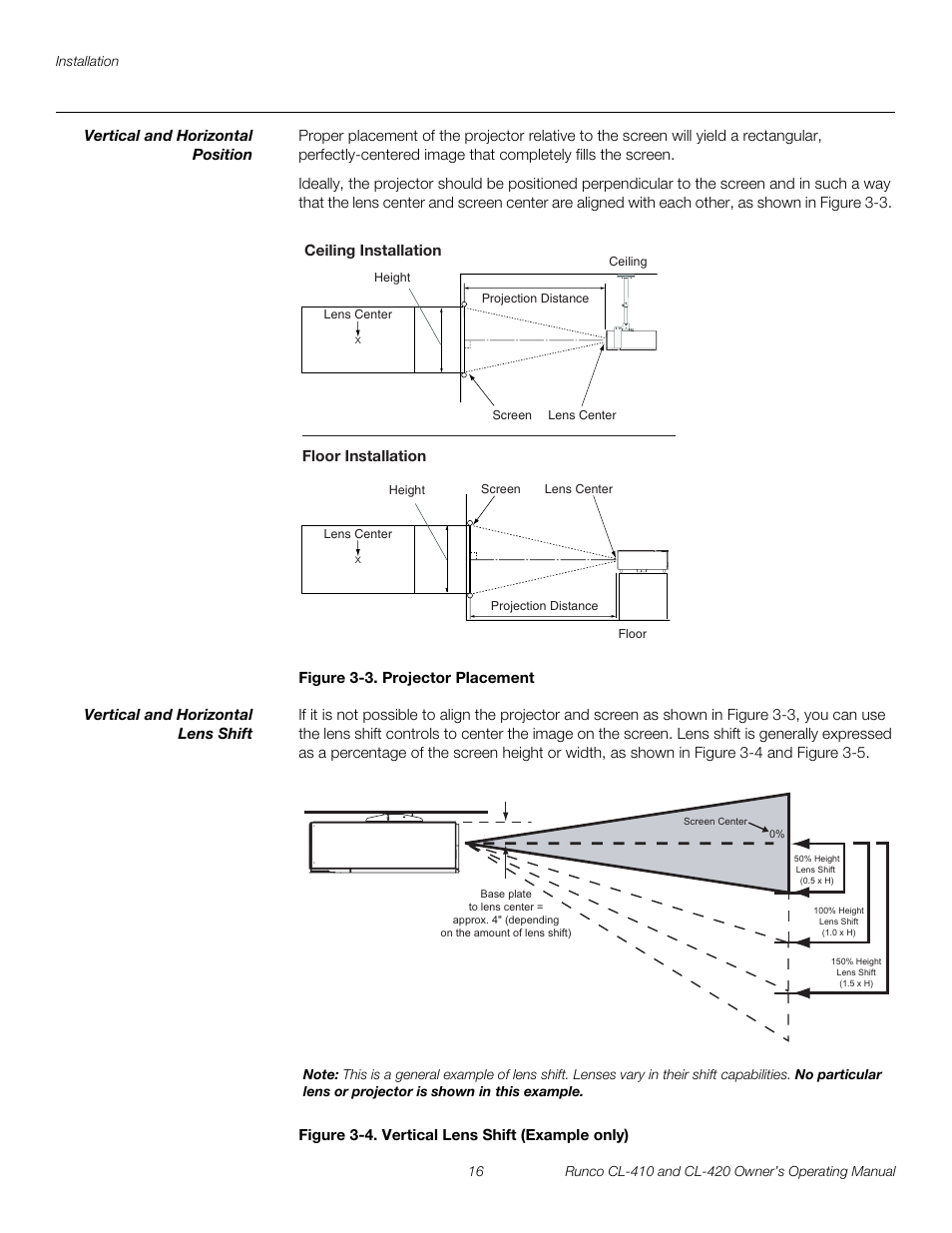 Vertical and horizontal position, Figure 3-3 . projector placement, Vertical and horizontal lens shift | Figure 3-4 . vertical lens shift (example only), 3. projector placement, 4. vertical lens shift (example only) | Runco Reflection User Manual | Page 26 / 72