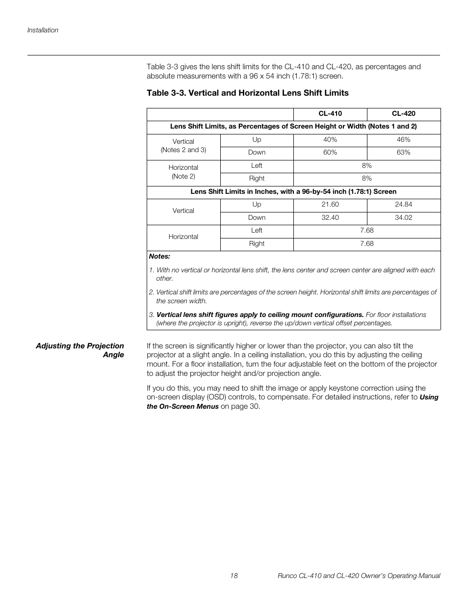 Adjusting the projection angle | Runco Reflection User Manual | Page 28 / 72
