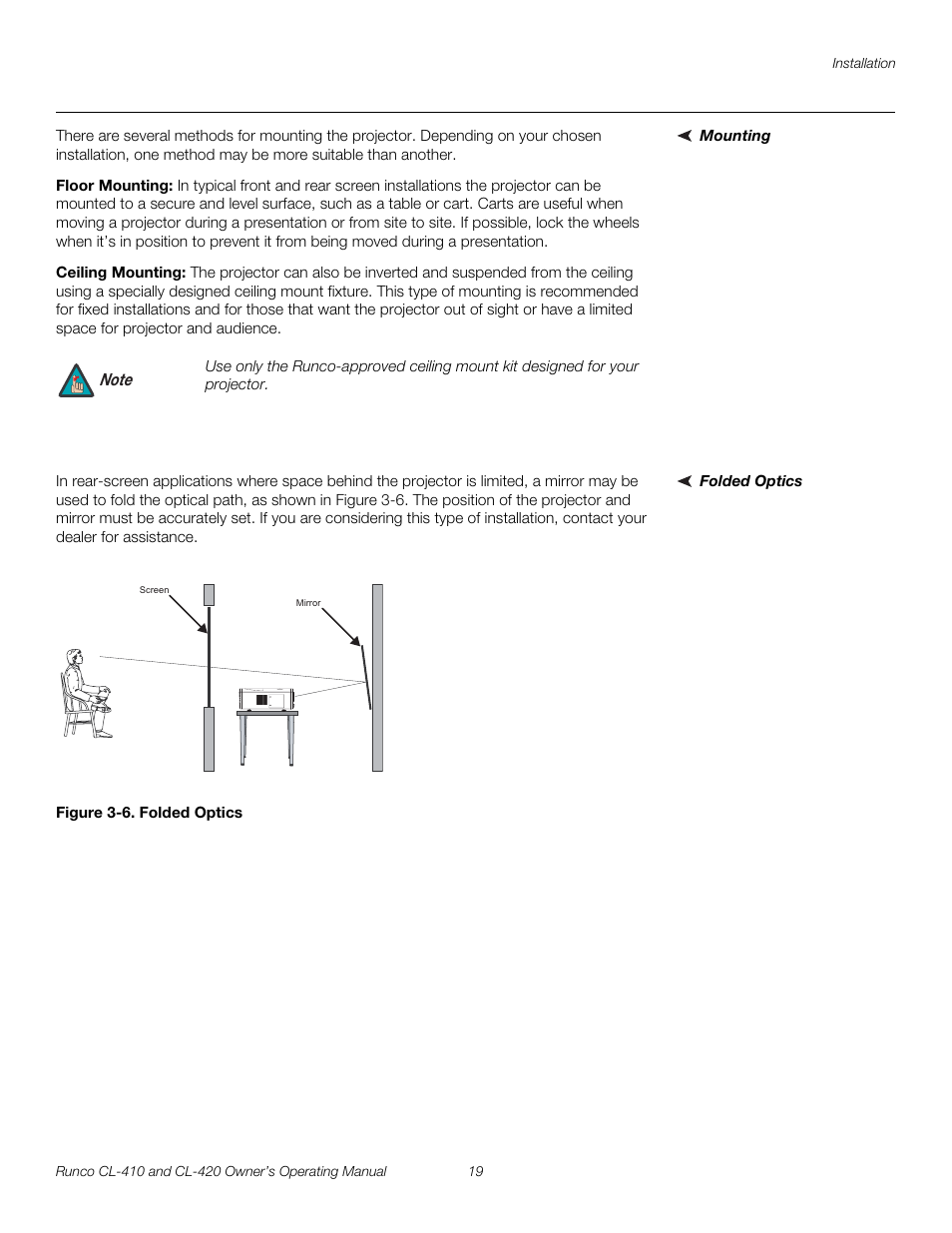 Mounting, Floor mounting, Ceiling mounting | Folded optics, Figure 3-6 . folded optics, 6. folded optics | Runco Reflection User Manual | Page 29 / 72