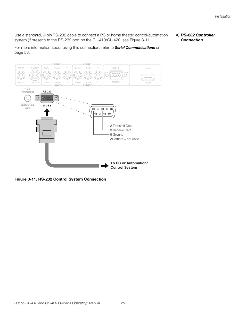 Rs-232 controller connection, Figure 3-11 . rs-232 control system connection, 11. rs-232 control system connection | Serial communications | Runco Reflection User Manual | Page 35 / 72