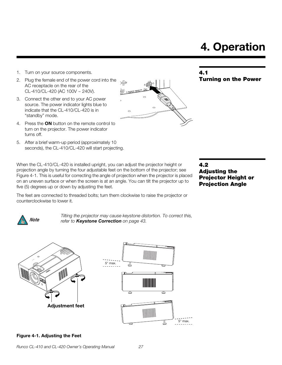 Operation, 1 turning on the power, Figure 4-1 . adjusting the feet | Turning on the power, Adjusting the projector height or projection angle, 1. adjusting the feet | Runco Reflection User Manual | Page 37 / 72