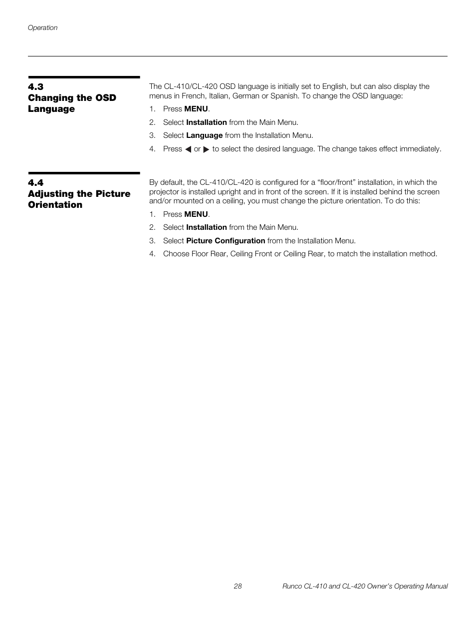 3 changing the osd language, 4 adjusting the picture orientation, Changing the osd language | Adjusting the picture orientation | Runco Reflection User Manual | Page 38 / 72