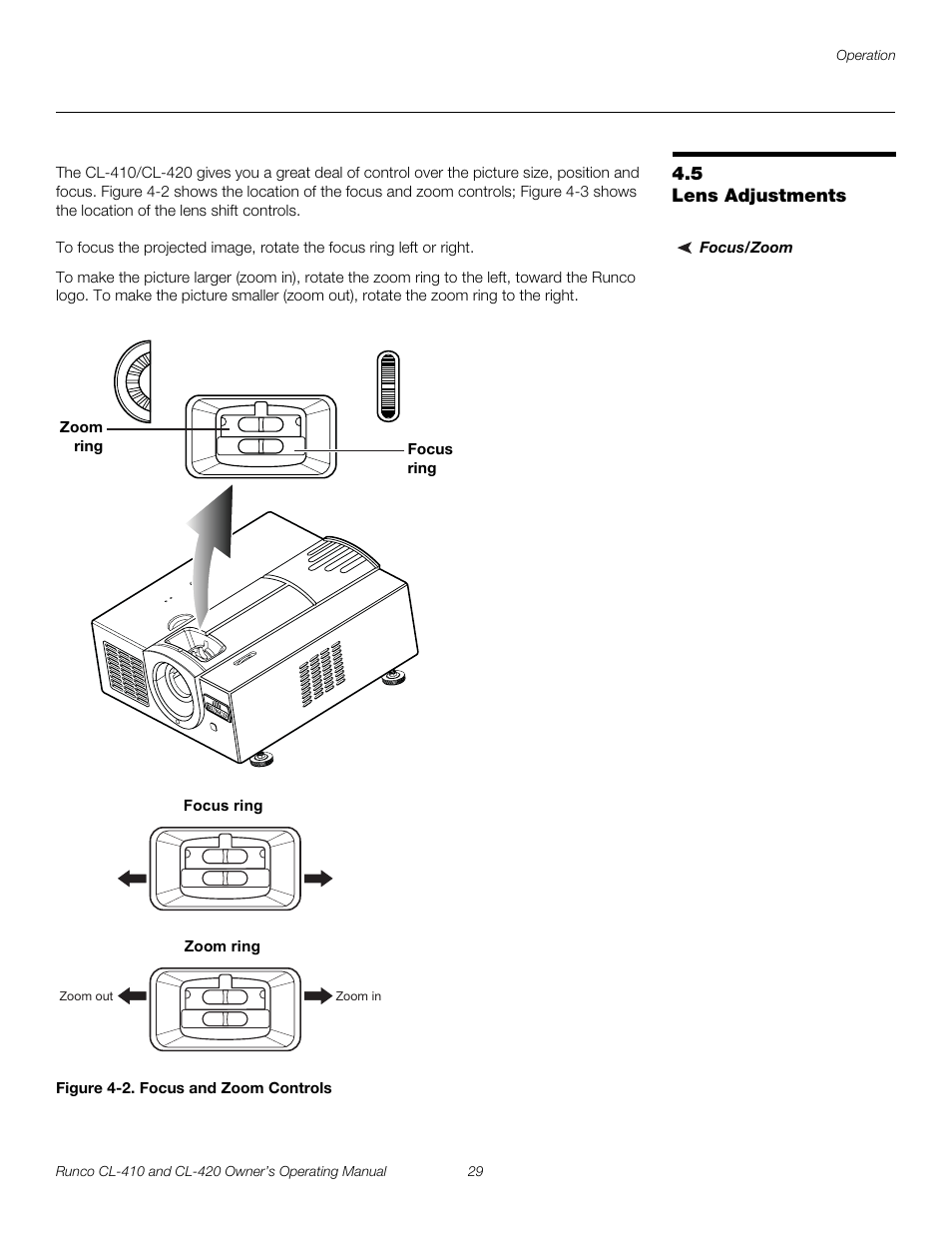 5 lens adjustments, Focus/zoom, Figure 4-2 . focus and zoom controls | Lens adjustments, 2. focus and zoom controls | Runco Reflection User Manual | Page 39 / 72