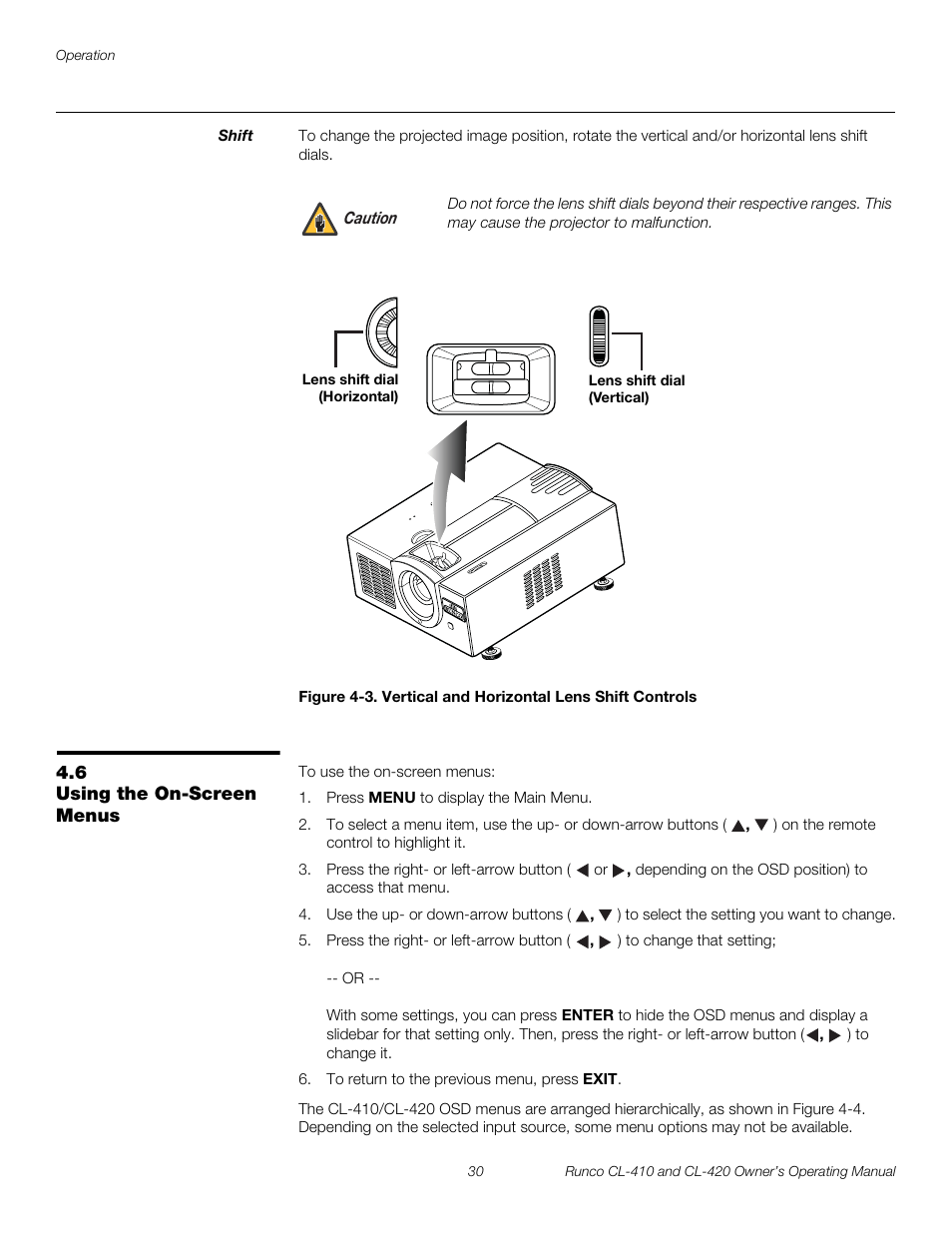 Shift, 6 using the on-screen menus, Using the on-screen menus | 3. vertical and horizontal lens shift controls, Using, The on-screen menus | Runco Reflection User Manual | Page 40 / 72