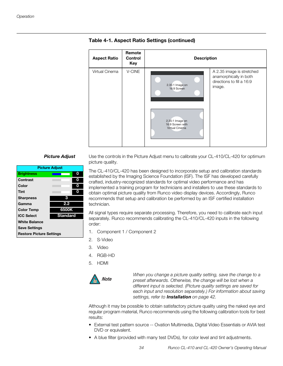 Picture adjust | Runco Reflection User Manual | Page 44 / 72