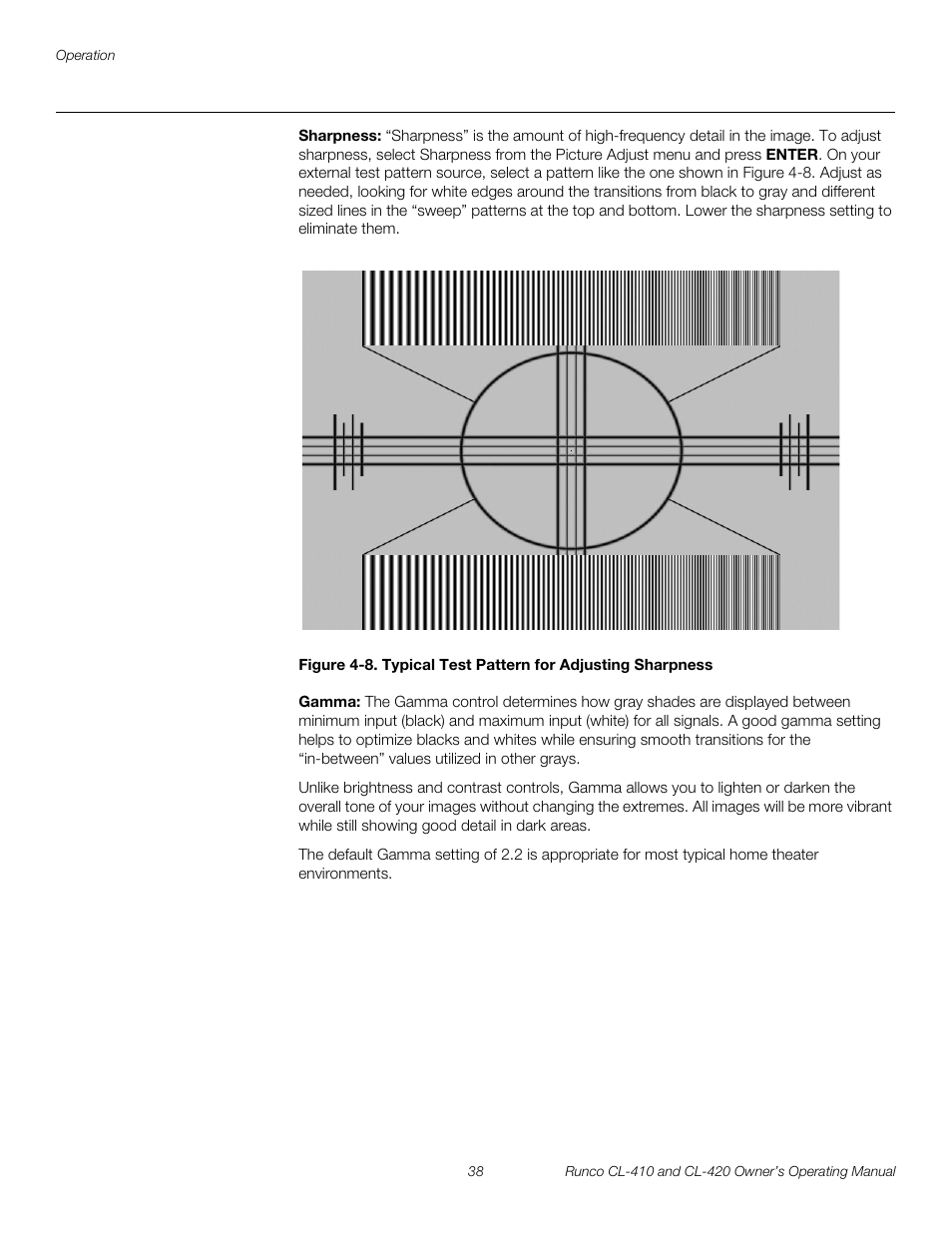 Sharpness, Gamma, 8. typical test pattern for adjusting sharpness | Runco Reflection User Manual | Page 48 / 72