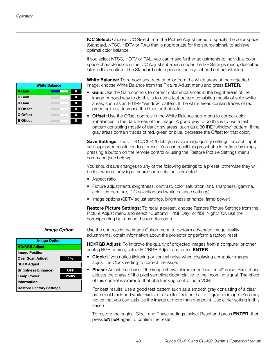 Icc select, White balance, Save settings | Restore picture settings, Image option, Hd/rgb adjust | Runco Reflection User Manual | Page 50 / 72