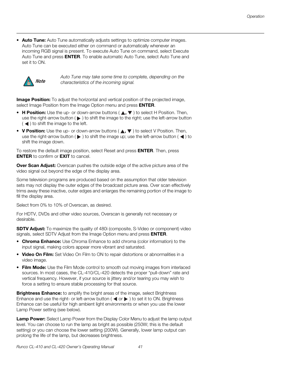 Image position, Over scan adjust, Sdtv adjust | Brightness enhance, Lamp power, H 41 | Runco Reflection User Manual | Page 51 / 72