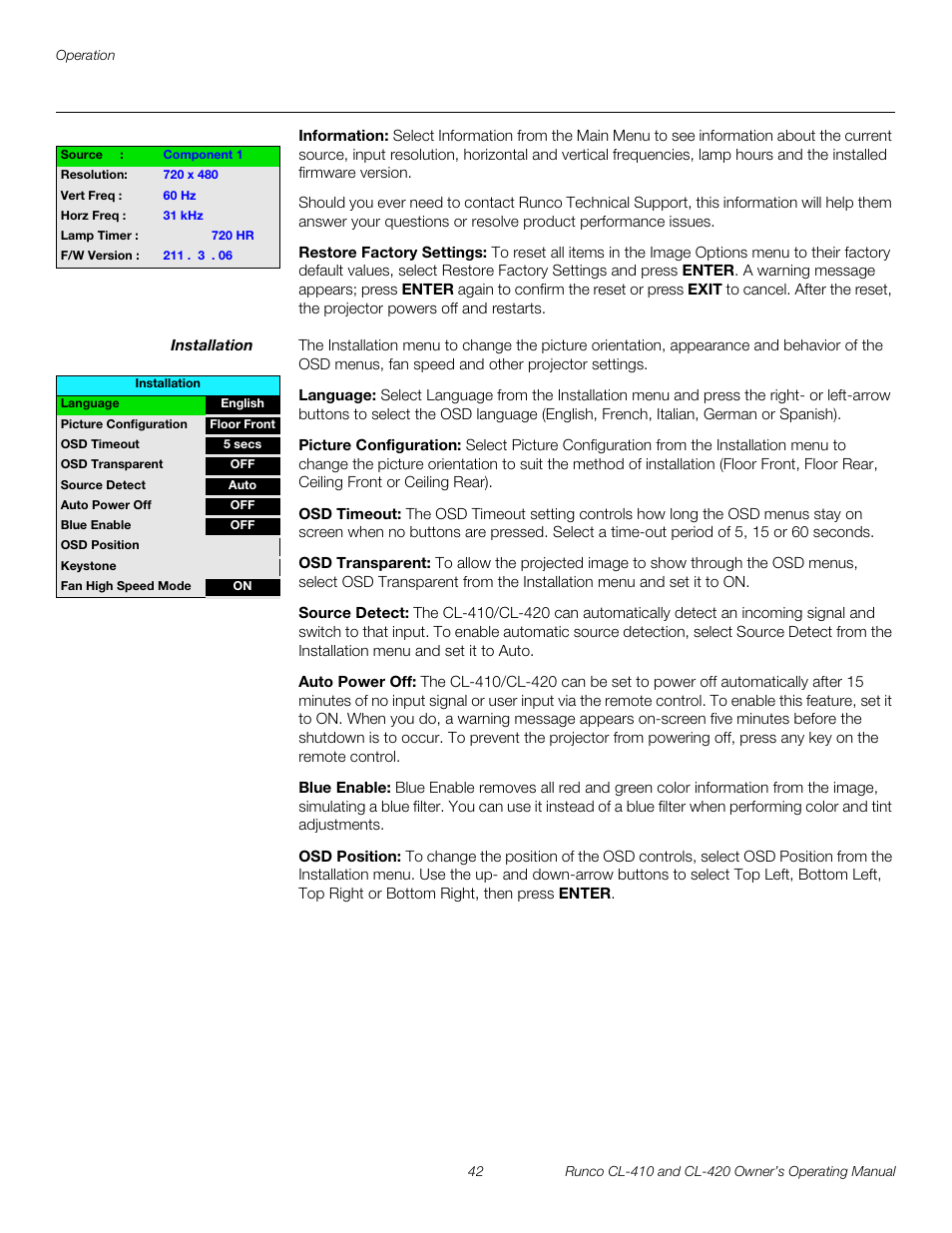 Information, Restore factory settings, Installation | Language, Picture configuration, Osd timeout, Osd transparent, Source detect, Auto power off, Blue enable | Runco Reflection User Manual | Page 52 / 72