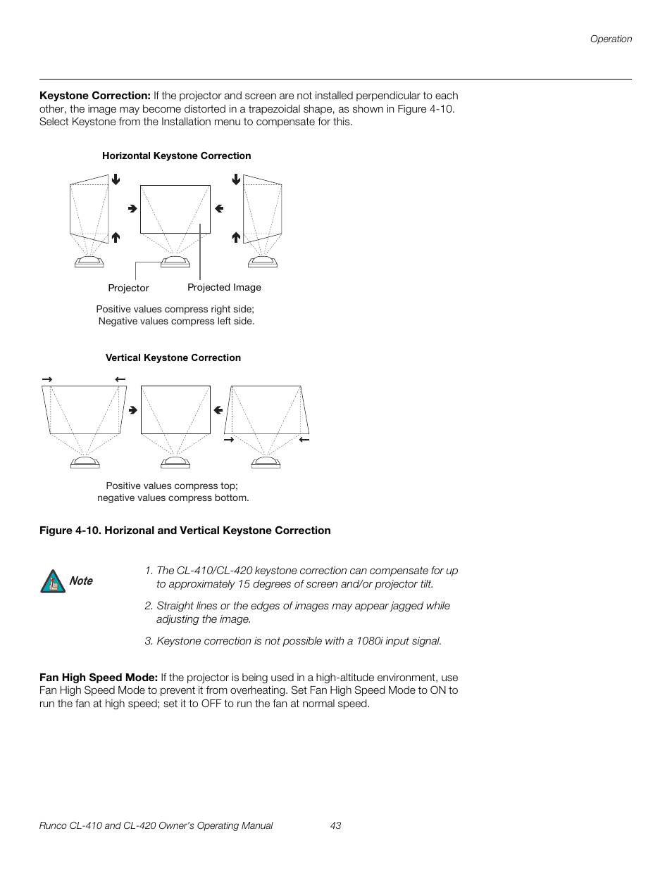 Keystone correction, Fan high speed mode, 10. horizonal and vertical keystone correction | Runco Reflection User Manual | Page 53 / 72