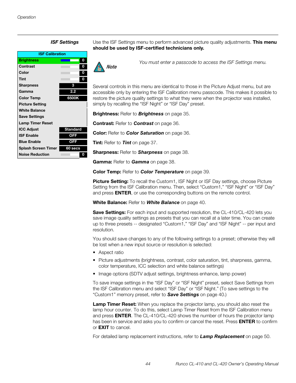 Isf settings, Brightness, Contrast | Color, Tint, Sharpness, Gamma, Color temp, Picture setting, White balance | Runco Reflection User Manual | Page 54 / 72