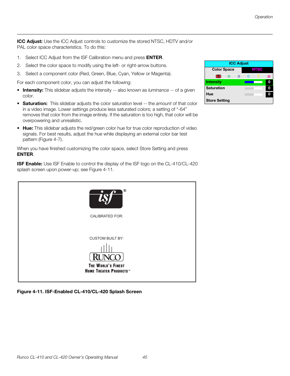 Icc adjust, Isf enable, 11. isf-enabled cl-410/cl-420 splash screen | Runco Reflection User Manual | Page 55 / 72