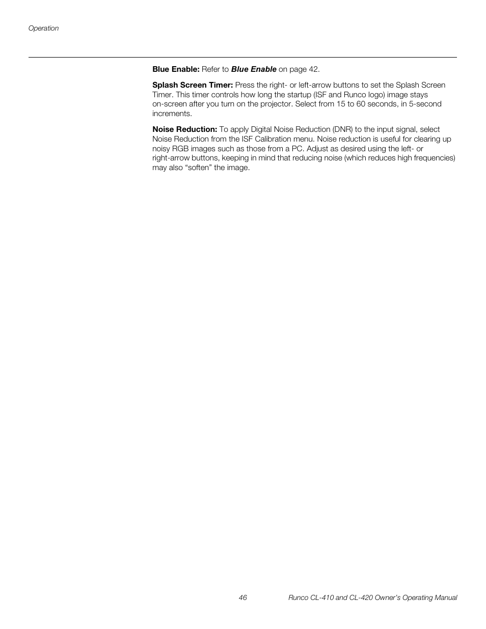 Blue enable, Splash screen timer, Noise reduction | Runco Reflection User Manual | Page 56 / 72
