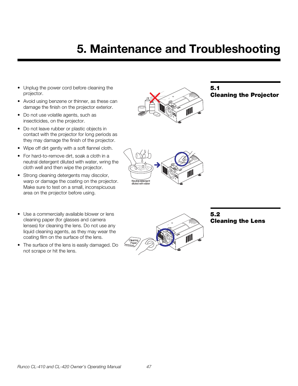 Maintenance and troubleshooting, 1 cleaning the projector, 2 cleaning the lens | Cleaning the projector, Cleaning the lens | Runco Reflection User Manual | Page 57 / 72