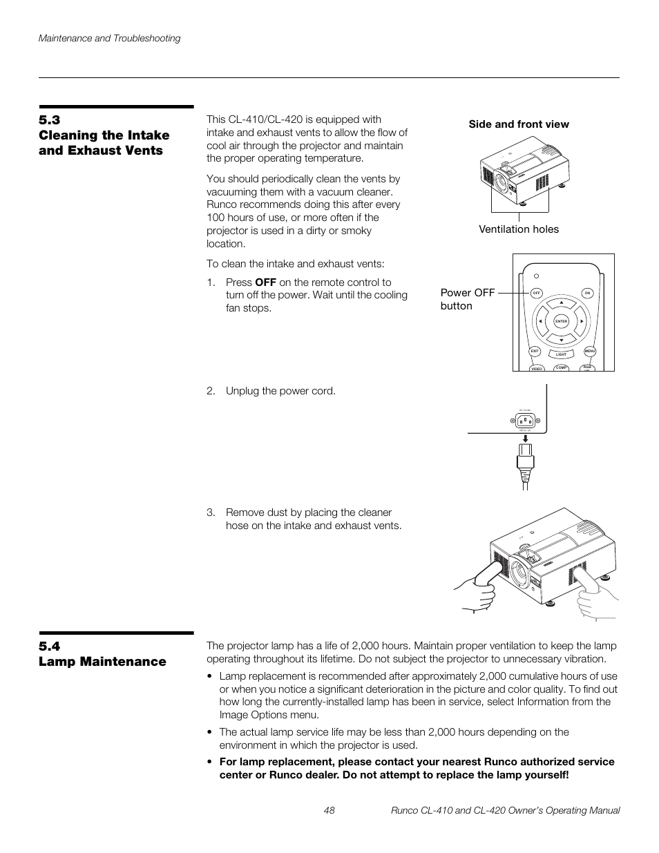 3 cleaning the intake and exhaust vents, 4 lamp maintenance, Cleaning the intake and exhaust vents | Lamp maintenance | Runco Reflection User Manual | Page 58 / 72