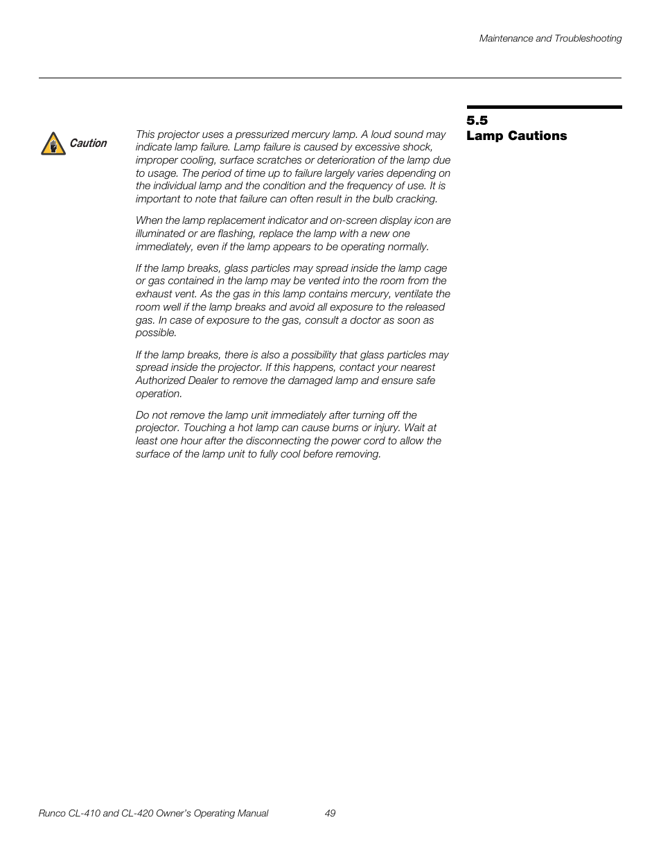 5 lamp cautions, Lamp cautions | Runco Reflection User Manual | Page 59 / 72