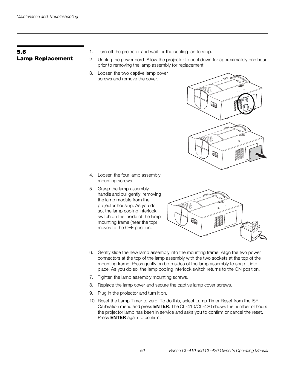 6 lamp replacement, Lamp replacement | Runco Reflection User Manual | Page 60 / 72