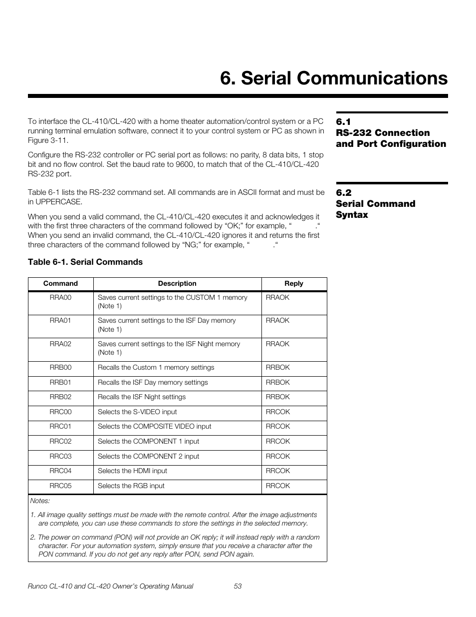 Serial communications, 1 rs-232 connection and port configuration, 2 serial command syntax | Table 6-1 . serial commands, Rs-232 connection and port configuration, Serial command syntax | Runco Reflection User Manual | Page 63 / 72
