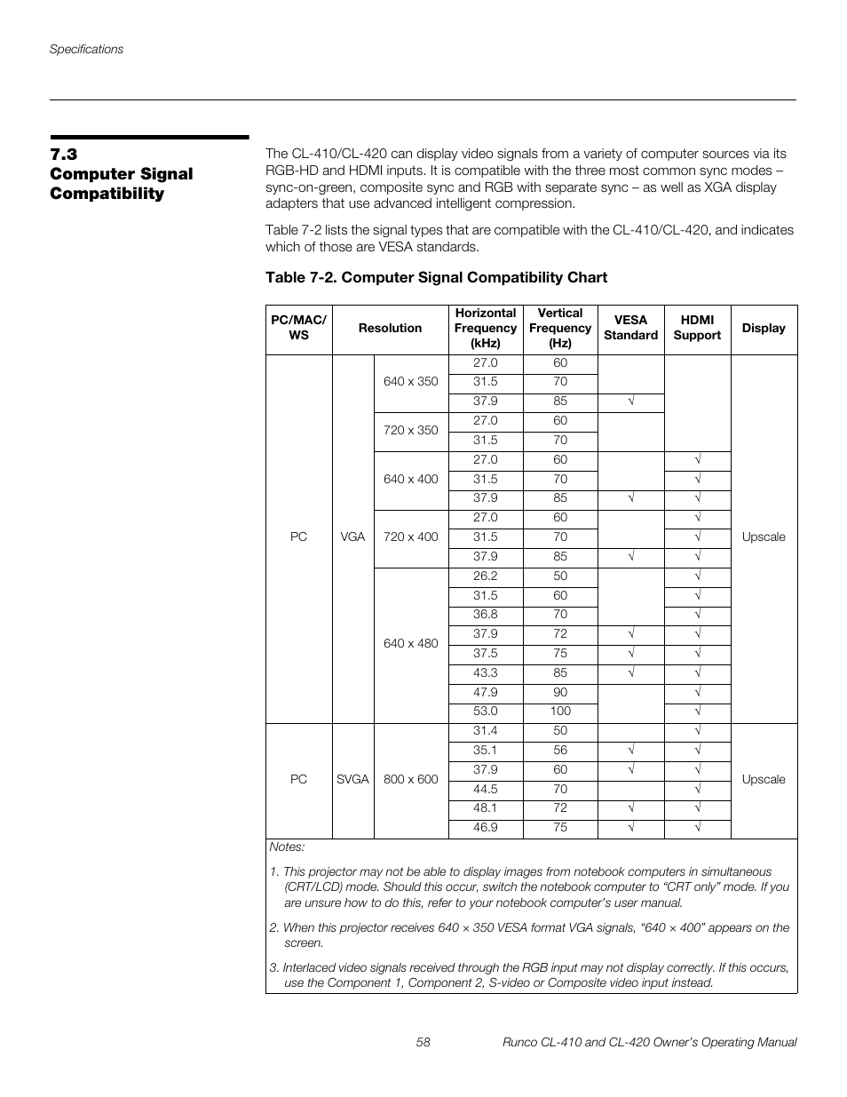 3 computer signal compatibility, Table 7-2 . computer signal compatibility chart, Computer signal compatibility | Fer to | Runco Reflection User Manual | Page 68 / 72
