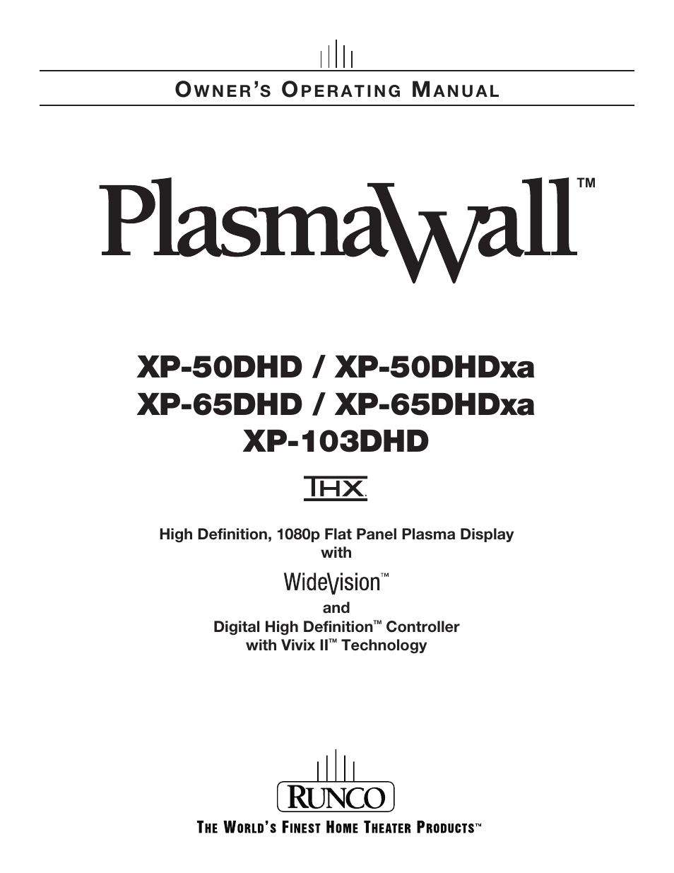 Runco PlasmaWall XP-50DHD User Manual | 80 pages