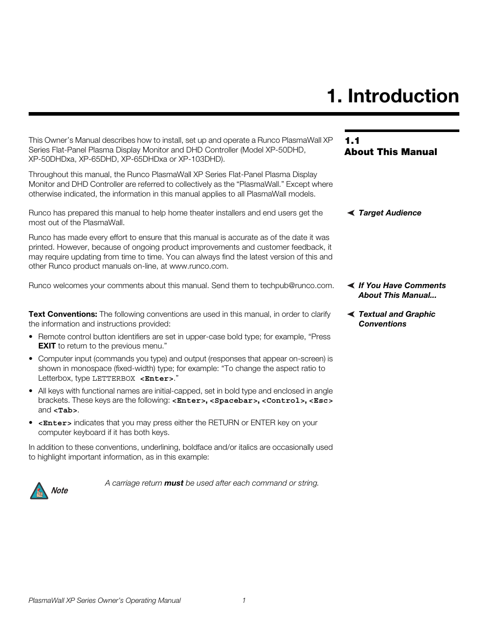 Introduction, 1 about this manual, Target audience | If you have comments about this manual, Textual and graphic conventions, Text conventions, About this manual, Pre l iminar y | Runco PlasmaWall XP-50DHD User Manual | Page 13 / 80