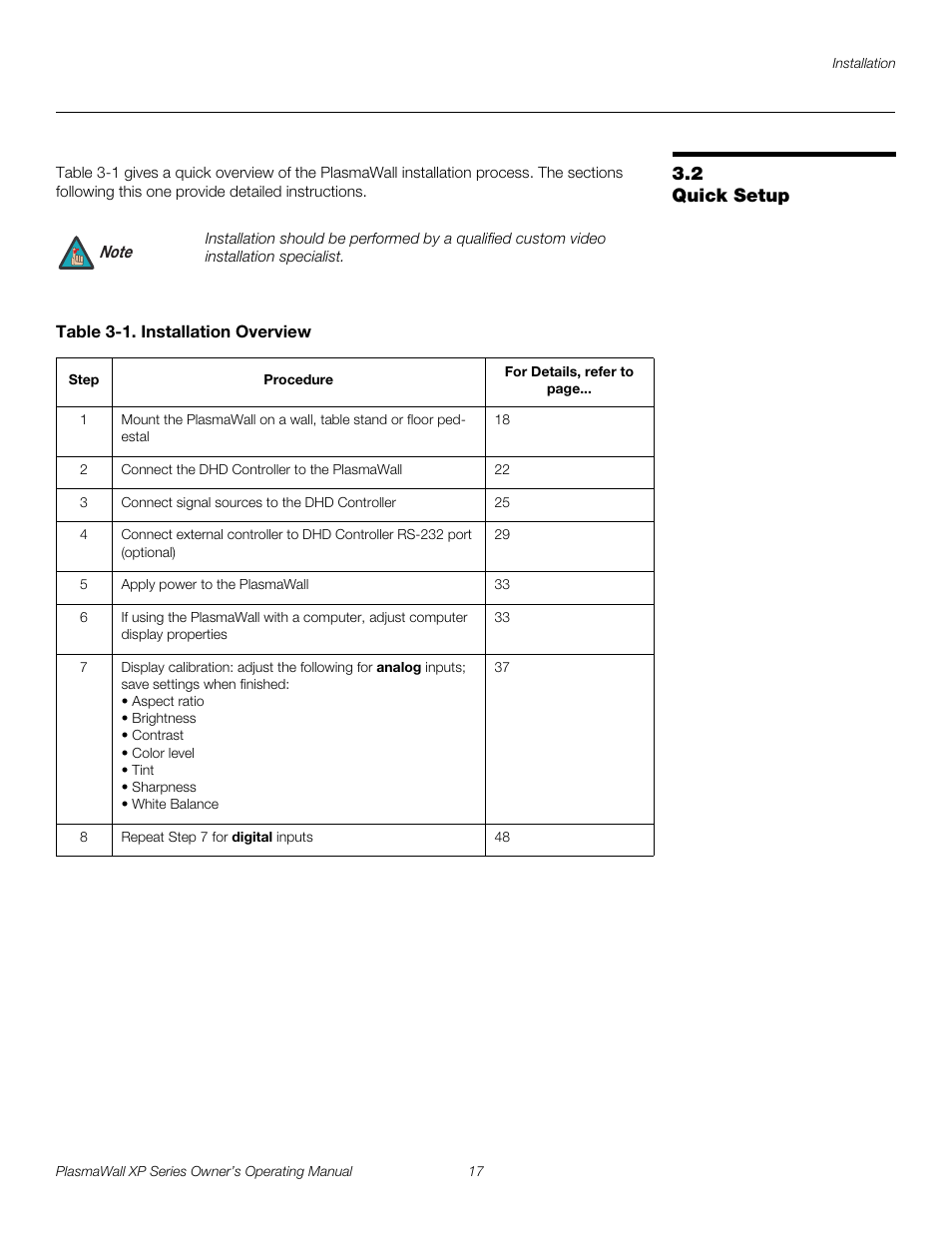 2 quick setup, Table 3-1 . installation overview, Quick setup | Pre l iminar y | Runco PlasmaWall XP-50DHD User Manual | Page 29 / 80