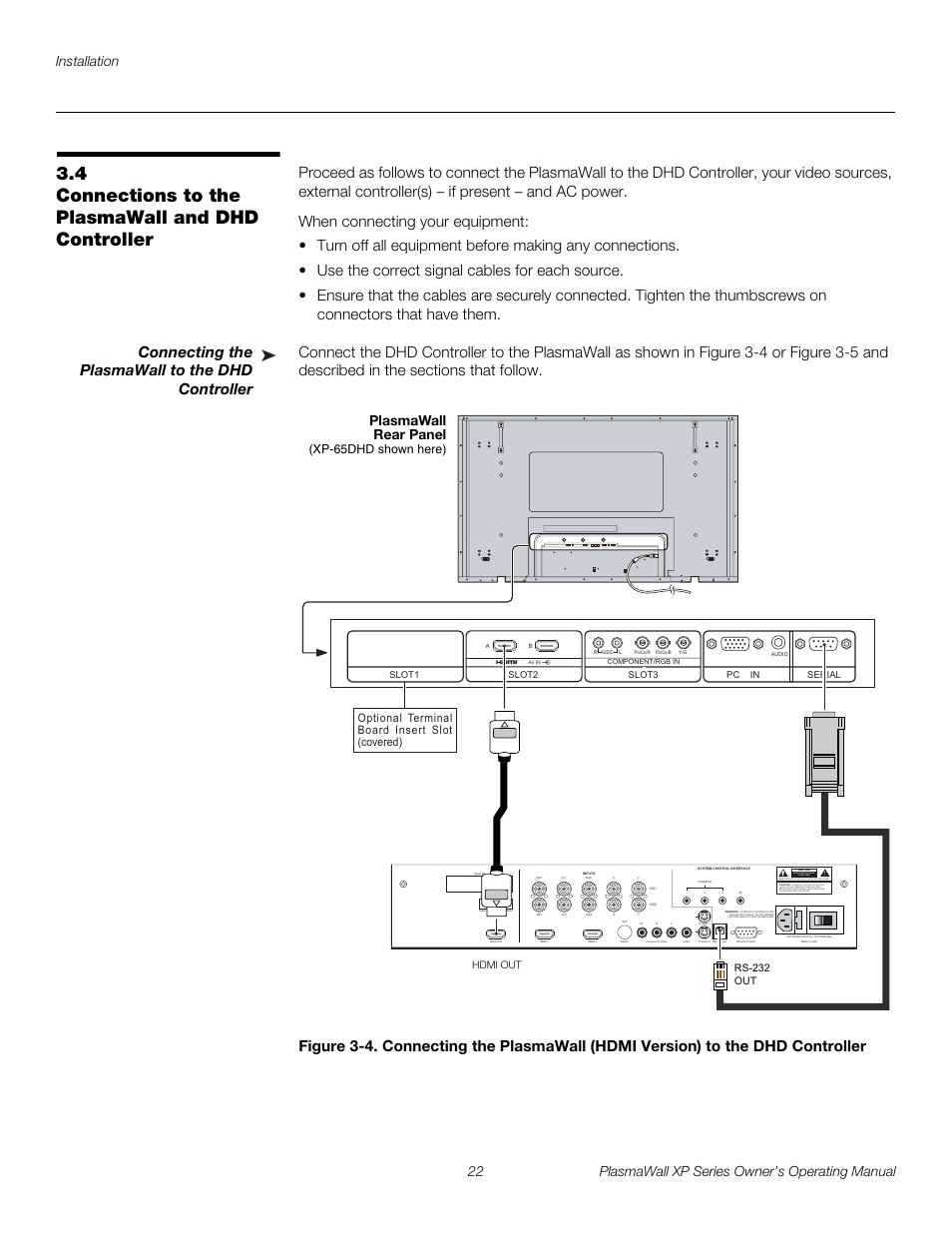 4 connections to the plasmawall and dhd controller, Connecting the plasmawall to the dhd controller, Connections to the plasmawall and dhd controller | Pre l iminar y, Risk of electric shock do not open, Plasmawall rear panel | Runco PlasmaWall XP-50DHD User Manual | Page 34 / 80