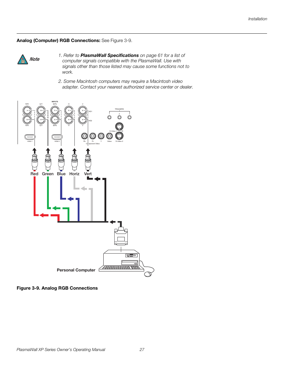 Analog (computer) rgb connections, Figure 3-9 . analog rgb connections, 9. analog rgb connections | Pre l iminar y | Runco PlasmaWall XP-50DHD User Manual | Page 39 / 80