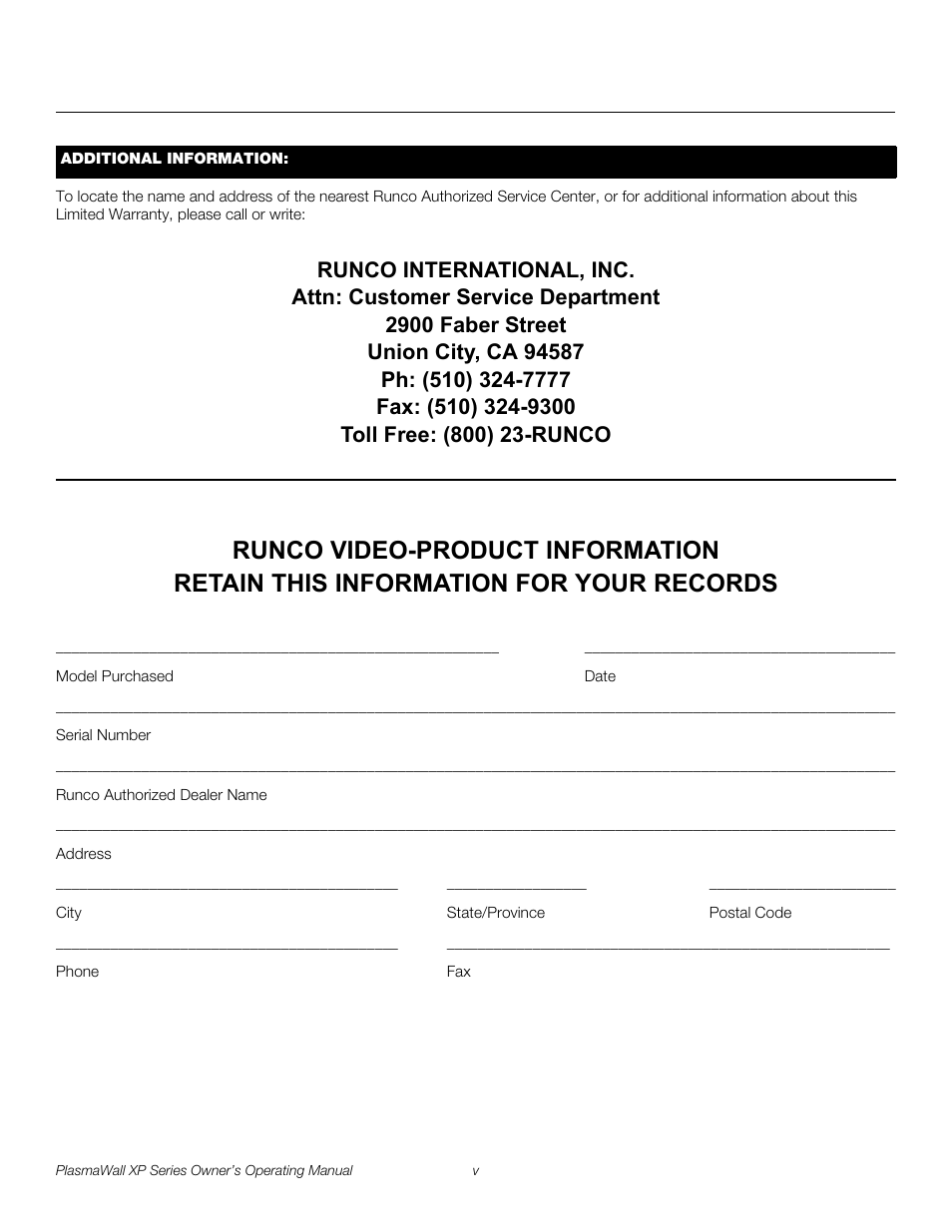 Pre l iminar y | Runco PlasmaWall XP-50DHD User Manual | Page 5 / 80