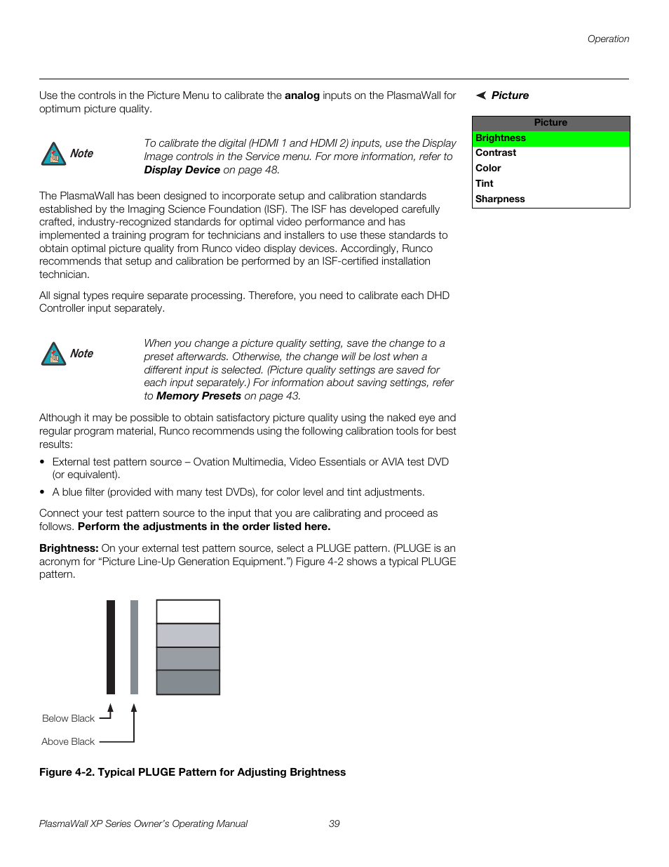 Picture, Brightness, 2. typical pluge pattern for adjusting brightness | Pre l iminar y | Runco PlasmaWall XP-50DHD User Manual | Page 51 / 80