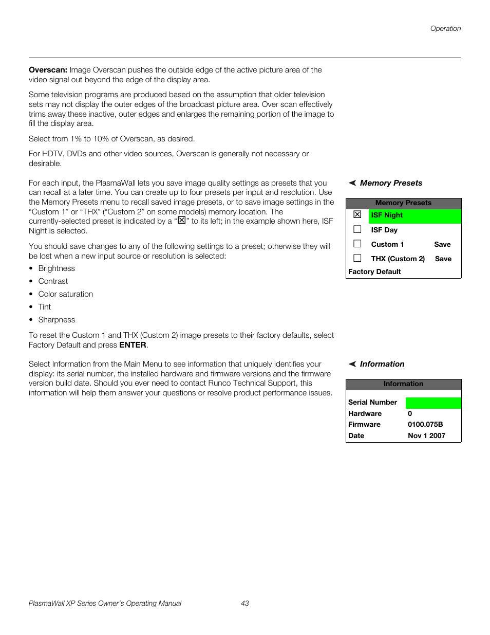 Overscan, Memory presets, Information | Pre l iminar y | Runco PlasmaWall XP-50DHD User Manual | Page 55 / 80