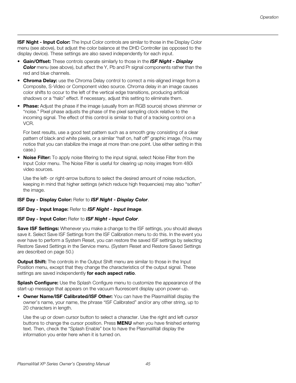 Isf night - input color, Isf day - display color, Isf day - input image | Isf day - input color, Save isf settings, Output shift, Splash configure, Pre l iminar y | Runco PlasmaWall XP-50DHD User Manual | Page 57 / 80