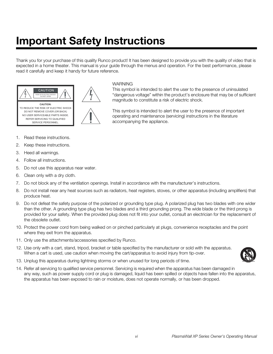 Important safety instructions, Pre l iminar y | Runco PlasmaWall XP-50DHD User Manual | Page 6 / 80