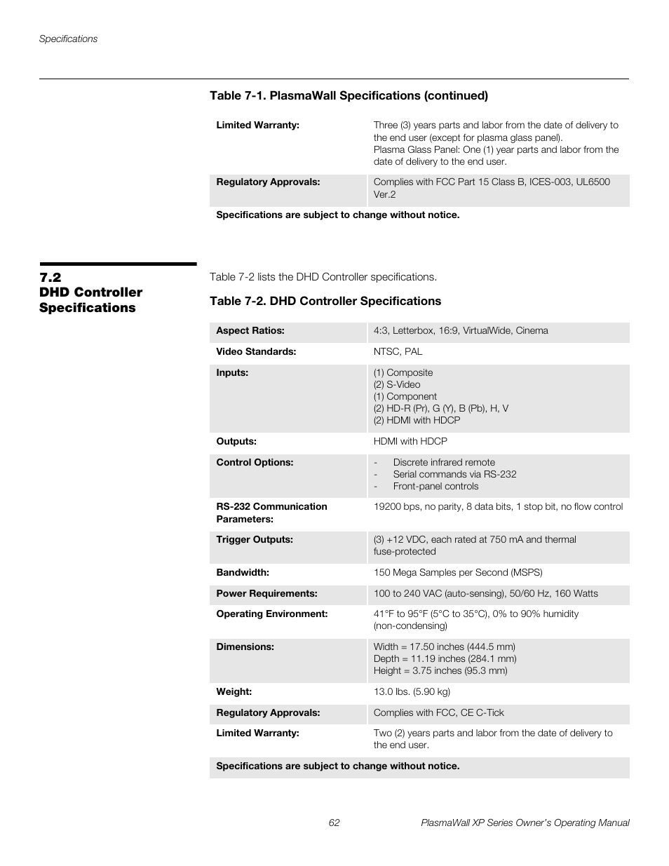 2 dhd controller specifications, Table 7-2 . dhd controller specifications, Dhd controller specifications | Table 7-2, Pre l iminar y | Runco PlasmaWall XP-50DHD User Manual | Page 74 / 80