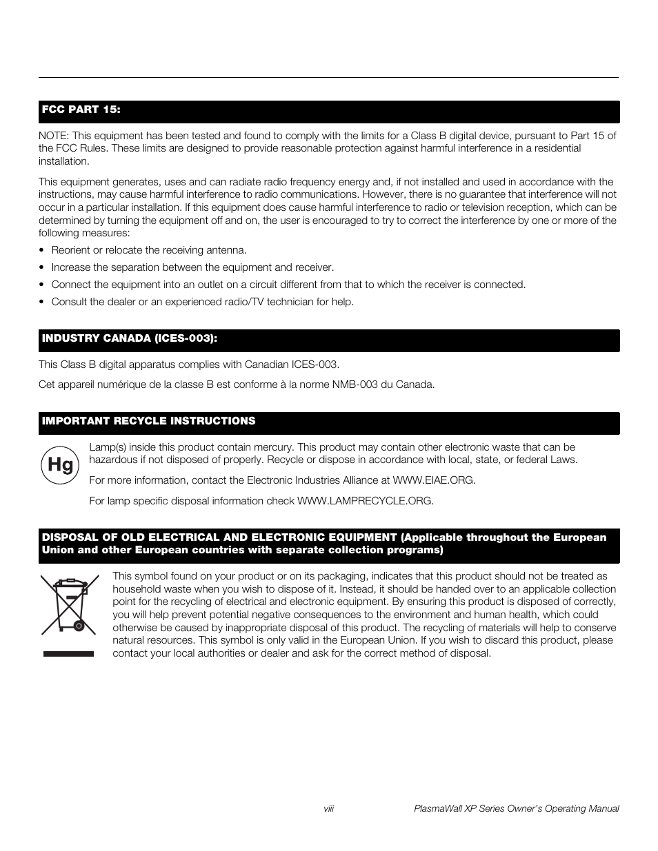 Pre l iminar y | Runco PlasmaWall XP-50DHD User Manual | Page 8 / 80