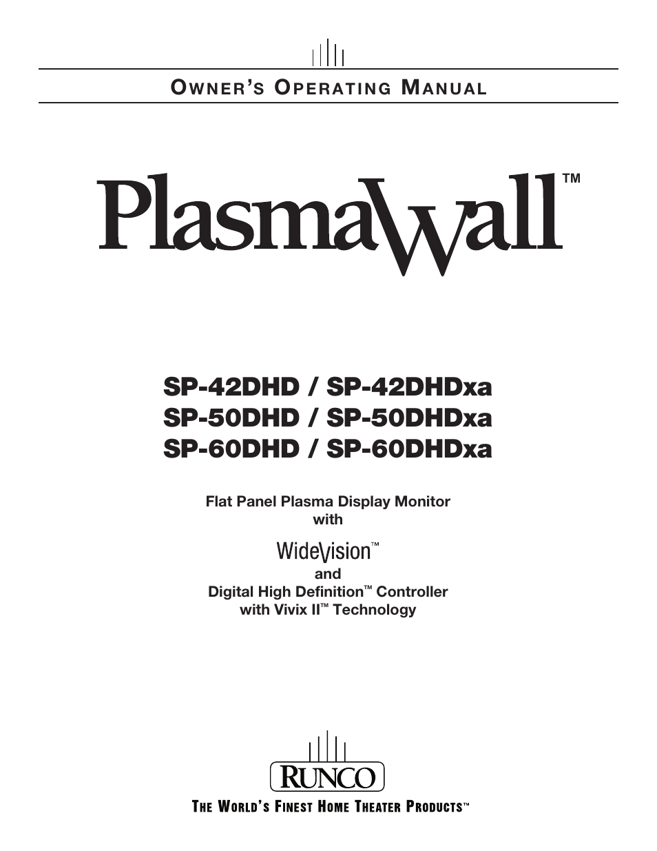 Runco PLASMAWALL SP-60DHD / SP-60DHDXA User Manual | 82 pages