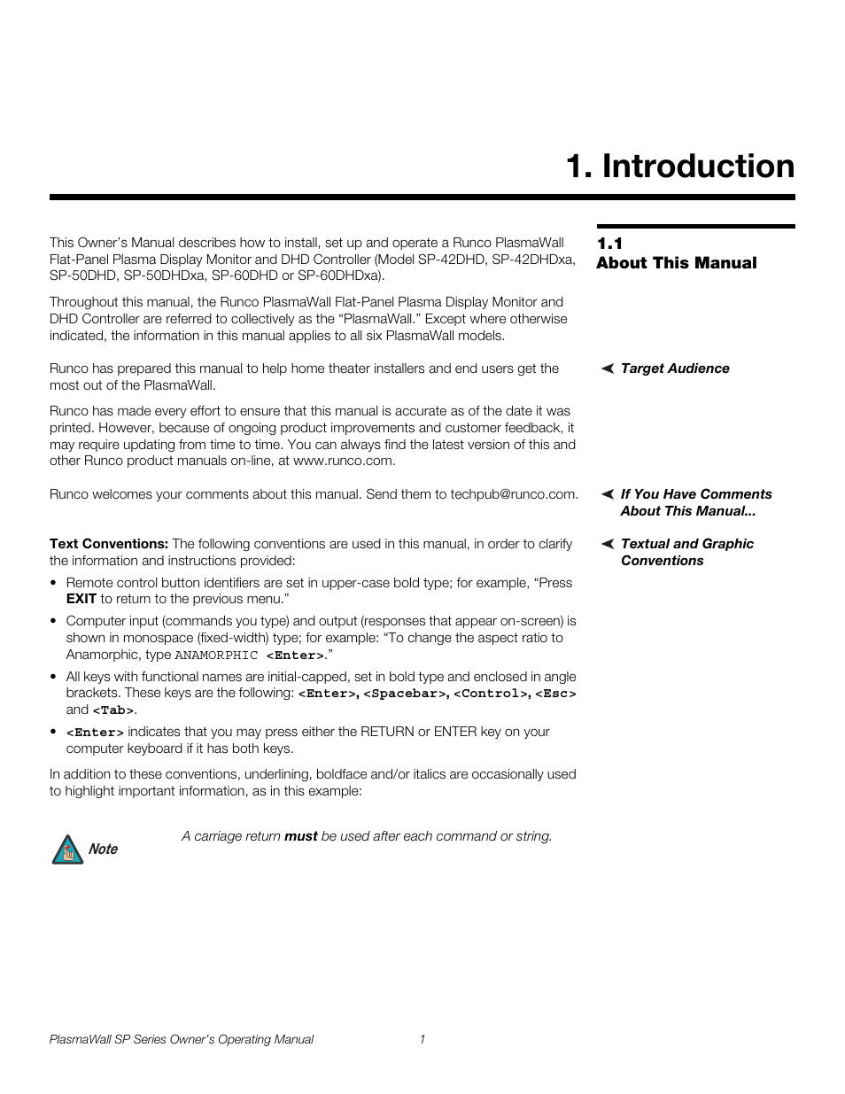 Introduction, 1 about this manual, Target audience | If you have comments about this manual, Textual and graphic conventions, Text conventions, About this manual, Pre l iminar y | Runco PLASMAWALL SP-60DHD / SP-60DHDXA User Manual | Page 11 / 82