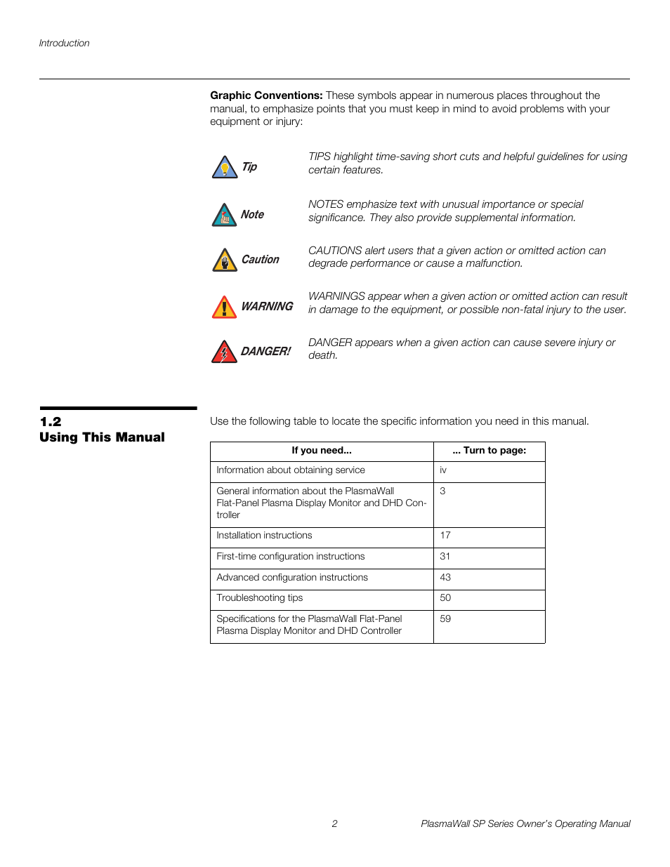 Graphic conventions, 2 using this manual, Using this manual | Pre l iminar y | Runco PLASMAWALL SP-60DHD / SP-60DHDXA User Manual | Page 12 / 82