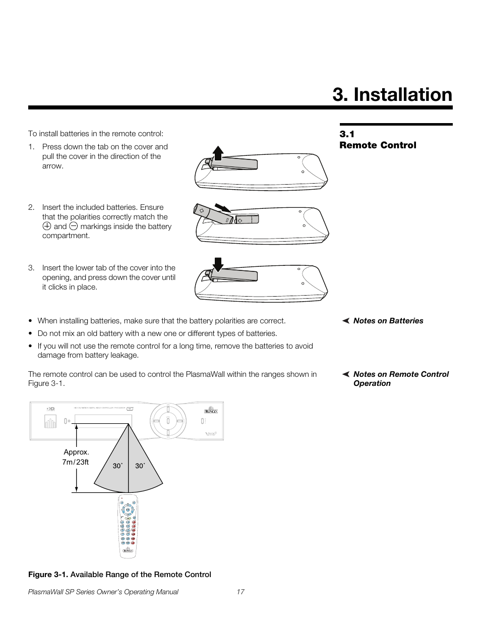 Installation, 1 remote control, Notes on batteries | Notes on remote control operation, Figure 3-1 . available range of the remote control, Remote control, 1. available range of the remote control, Pre l iminar y | Runco PLASMAWALL SP-60DHD / SP-60DHDXA User Manual | Page 27 / 82